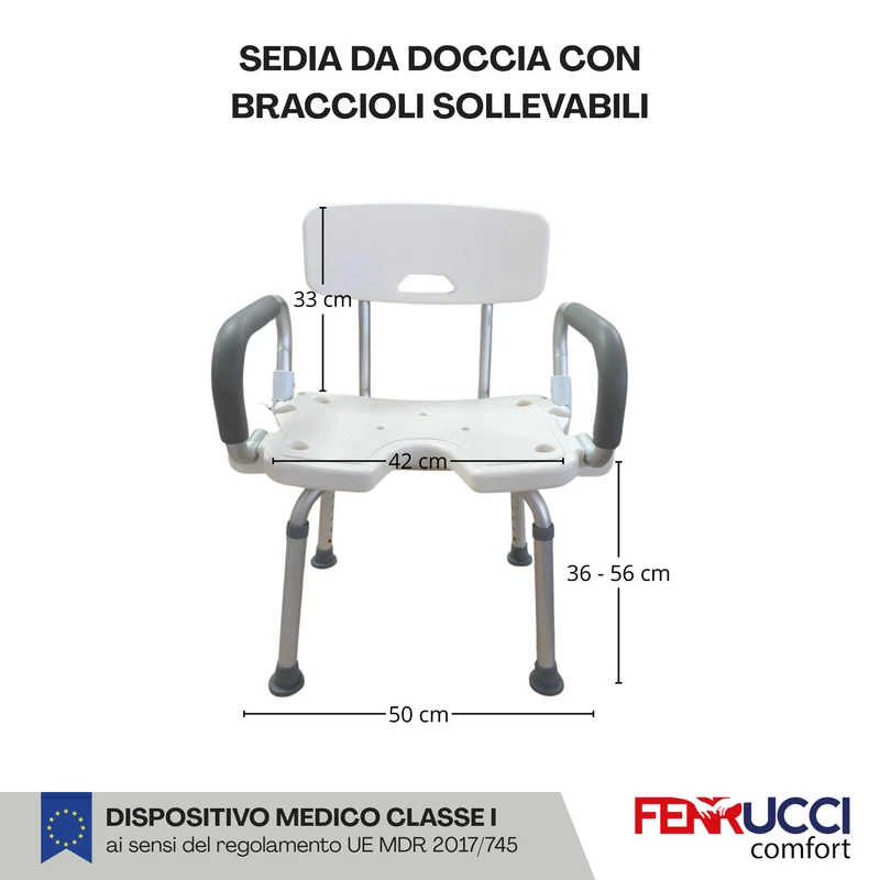 Sedia da Doccia con Braccioli Sollevabili - Regolabile in altezza