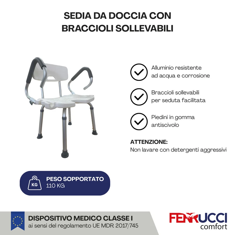 Sedia da Doccia con Braccioli Sollevabili - Regolabile in altezza