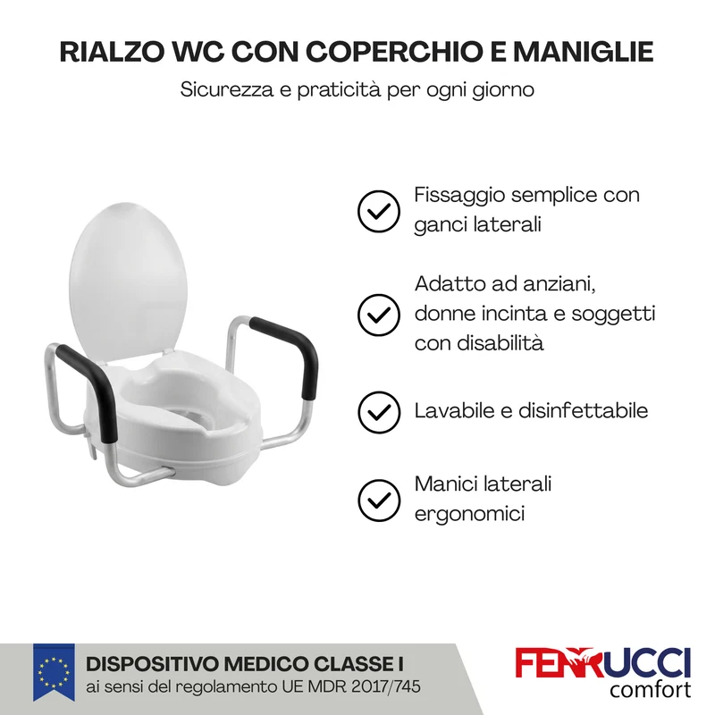 Rialzo WC con Coperchio e Manici Ergonomici - Anziani, Donne Incinta e Disabili