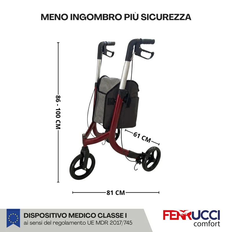 Deambulatore Pieghevole e Regolabile in Alluminio per Anziani con 3 Ruote - Professionale Dispositivo Medico