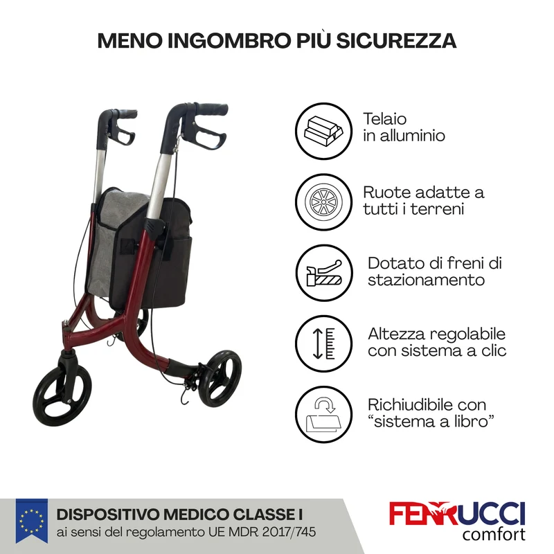 Deambulatore Pieghevole e Regolabile in Alluminio per Anziani con 3 Ruote - Professionale Dispositivo Medico