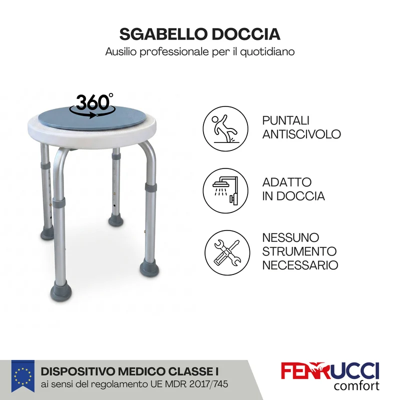 Sgabello Doccia per Anziani con Sedile Girevole a 360° e Antiscivolo - Dispositivo Medico Classe 1