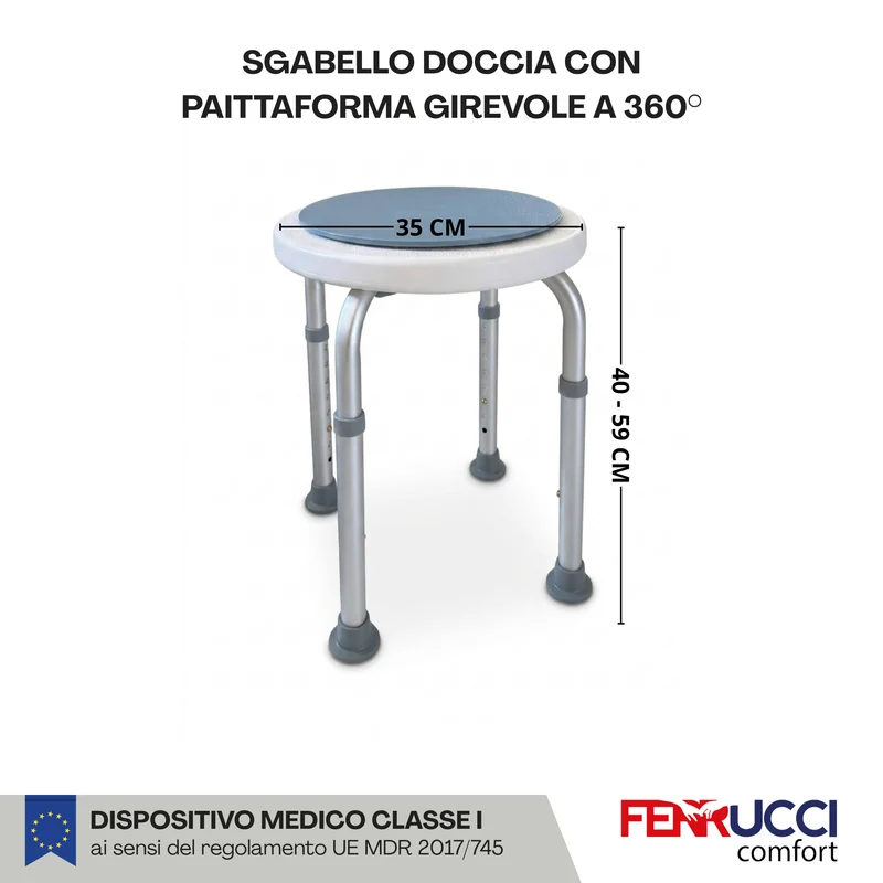 Sgabello Doccia per Anziani con Sedile Girevole a 360° e Antiscivolo - Dispositivo Medico Classe 1