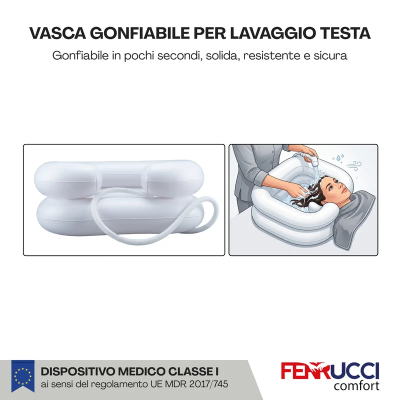 Lavatesta Gonfiabile per Allettati, Anziani, Disabili - Con tubo di scolo acqua