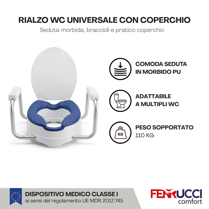 Rialzo WC con Seduta Morbida, Coperchio e Braccioli - Capacità 110 KG - Anziani, Disabili, Donne in gravidanza