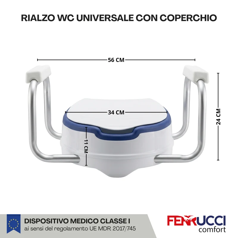 Rialzo WC con Seduta Morbida, Coperchio e Braccioli - Capacità 110 KG - Anziani, Disabili, Donne in gravidanza