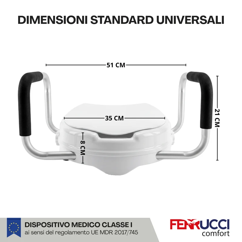 Rialzo WC con Coperchio 8 cm Universale con Maniglie - Anziani, Disabili e Gravidanza