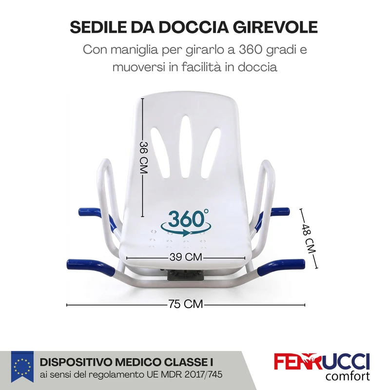 Sedia Girevole a 360º per Vasca da Bagno con Schienale e Braccioli per Anziani e Disabili - Sedile Rotante