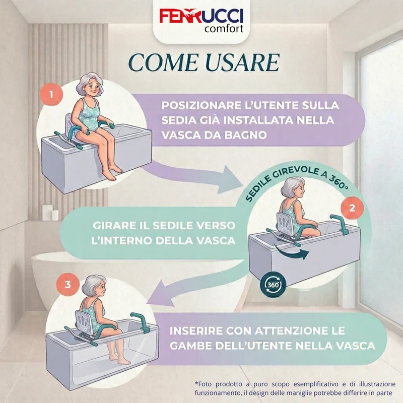 Sedia Girevole a 360º per Vasca da Bagno con Schienale e Braccioli per Anziani e Disabili - Sedile Rotante