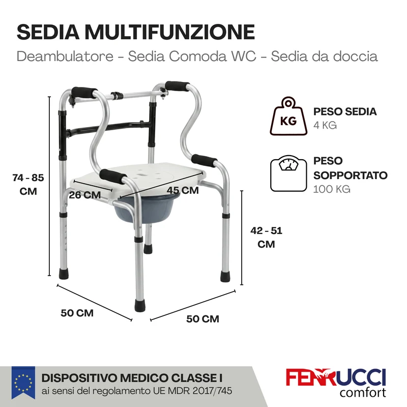 Sedia Multifunzione - Sedia Comoda WC, Sedia Doccia e Deambulatore - 3 funzioni in 1
