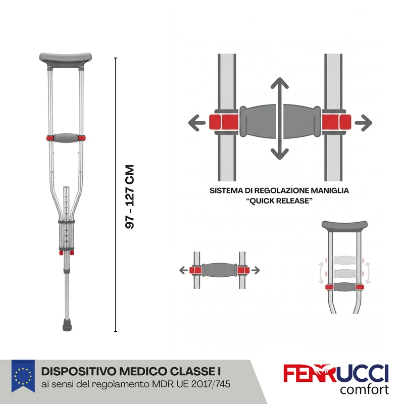 Stampella Ascellare Regolabile in altezza - Sistema Quick Release - Dispositivo Medico Professionale