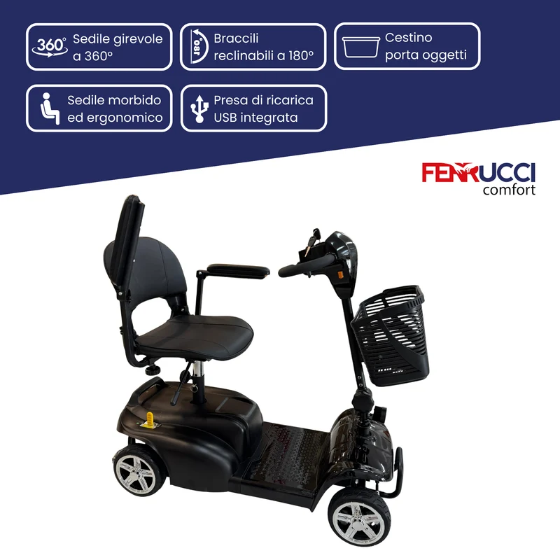 Scooter Elettrico Smontabile per Anziani e Disabili – Sedile Girevole 360°, Braccioli Ribaltabili e Presa USB - Dispositivo Medico Classe 1