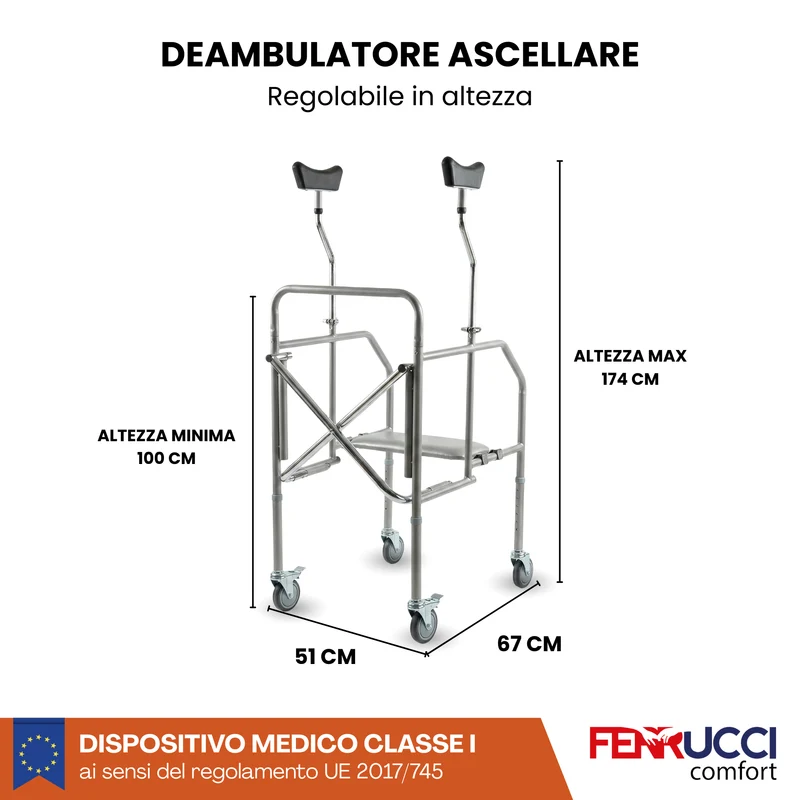 Deambulatore Ascellare Pieghevole con Sedile Imbottito - Altezza regolabile