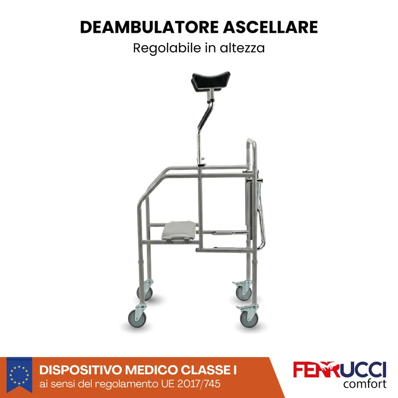 Deambulatore Ascellare Pieghevole con Sedile Imbottito - Altezza regolabile