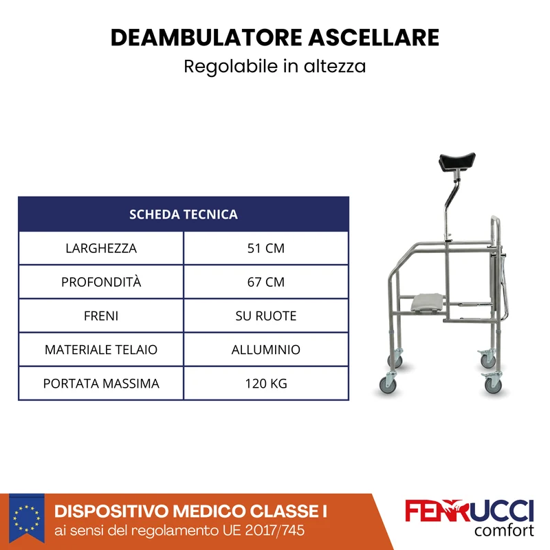 Deambulatore Ascellare Pieghevole con Sedile Imbottito - Altezza regolabile