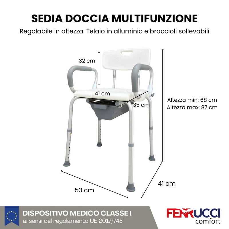 Sedia da Doccia e Comodo WC Multifunzione - Regolabile in altezza - Alluminio