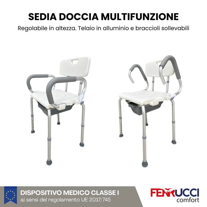 Sedia da Doccia e Comodo WC Multifunzione - Regolabile in altezza - Alluminio