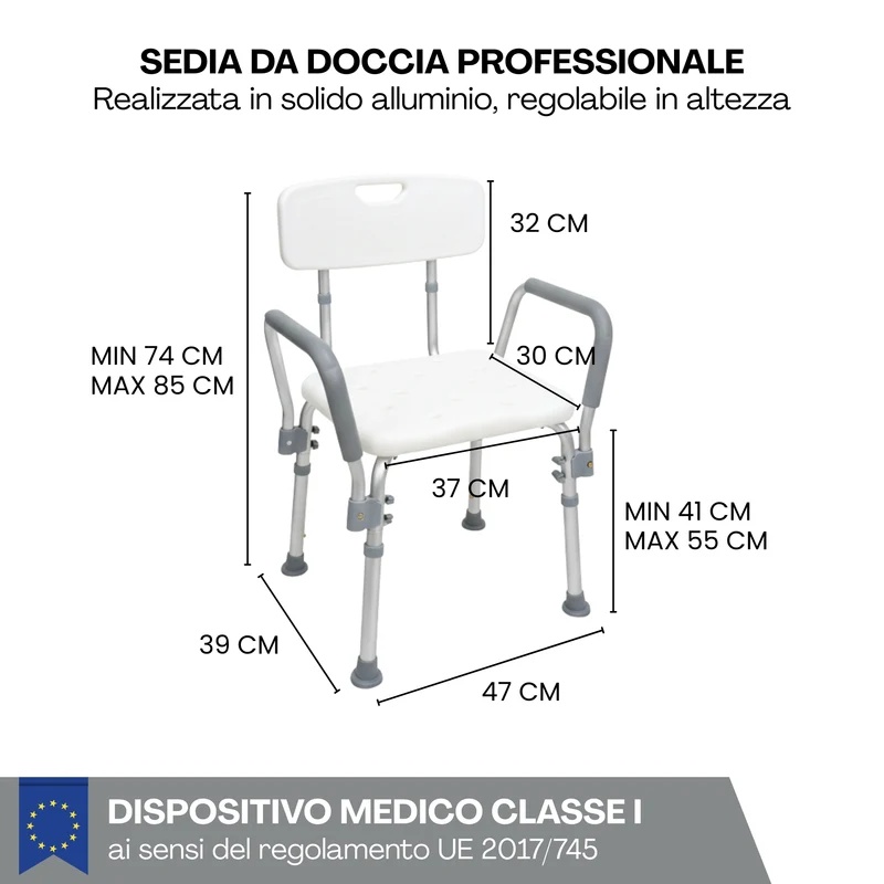 Sedia da Doccia con Schienale e Braccioli Estraibili, Altezza Regolabile