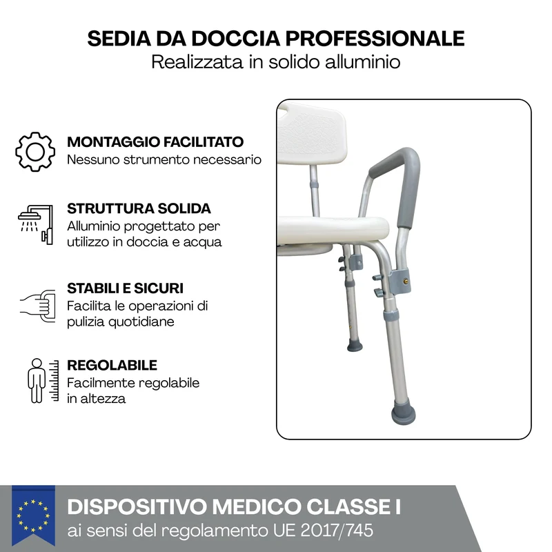 Sedia da Doccia con Schienale e Braccioli Estraibili, Altezza Regolabile