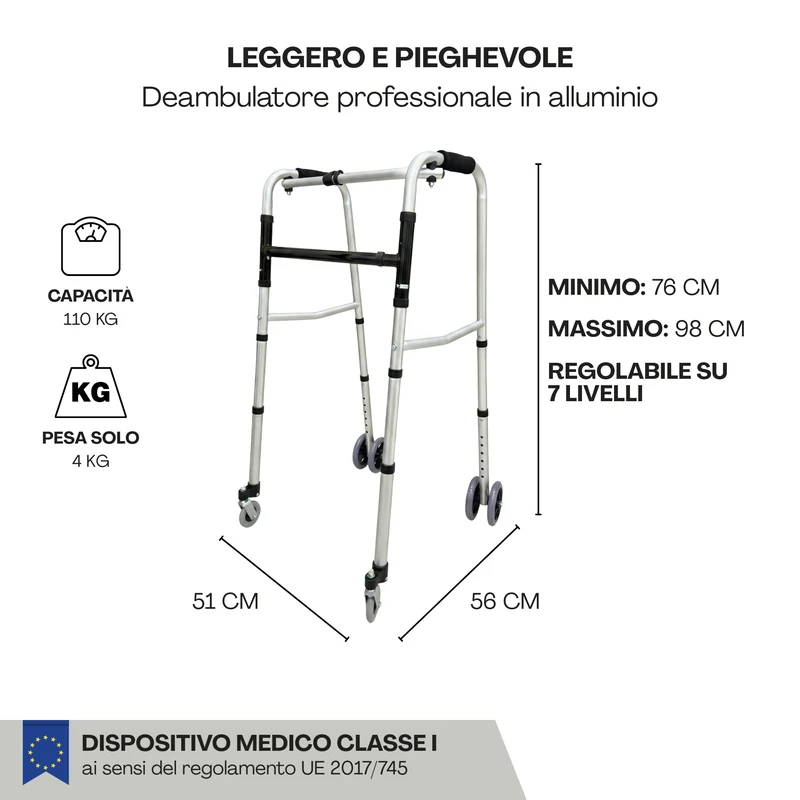 Deambulatore Pieghevole in Alluminio con 4 ruote - 2 Ruote Piroettanti - Manici Ergonomici - Regolabile in altezza