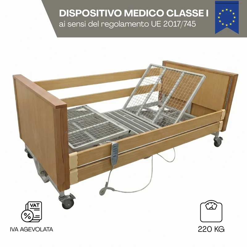 Letto Ospedaliero Elettrico a 5 Funzioni in Rovere e Acciaio 4 motori - Materasso in Omaggio - Degenza e Anziani