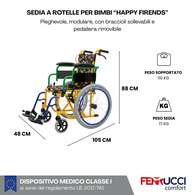 Sedia a Rotelle Pediatrica per Bambini Pieghevole Happy Friends, Pedaliera rimovibile, Braccioli Sollevabili, Freni Accompagnatore