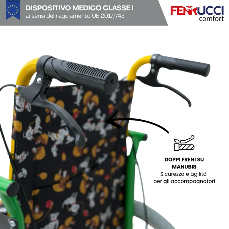 Sedia a Rotelle Pediatrica per Bambini Pieghevole Happy Friends, Pedaliera rimovibile, Braccioli Sollevabili, Freni Accompagnatore