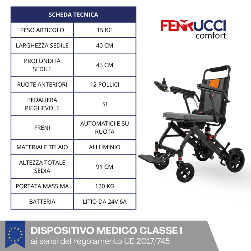 Sedia a Rotelle Elettrica Pieghevole Leggera Ingombro Ridotto - Batteria a litio, Carrozzina Automatica da Viaggio