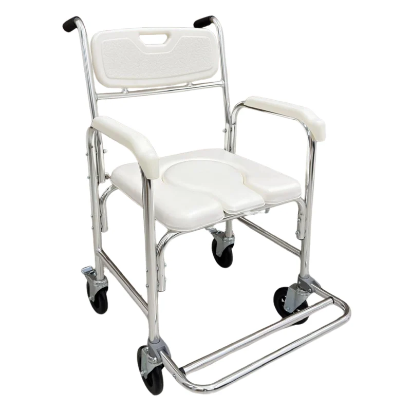 Sedia WC Doccia con Ruote Comoda e Freni - Seduta Anatomica in Alluminio, Imbottita, Pedaliera Pieghevole