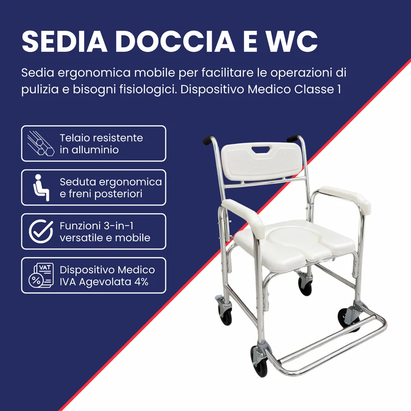 Sedia WC Doccia con Ruote Comoda e Freni - Seduta Anatomica in Alluminio, Imbottita, Pedaliera Pieghevole