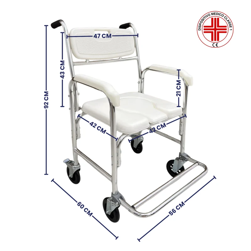 Sedia WC Doccia con Ruote Comoda e Freni - Seduta Anatomica in Alluminio, Imbottita, Pedaliera Pieghevole