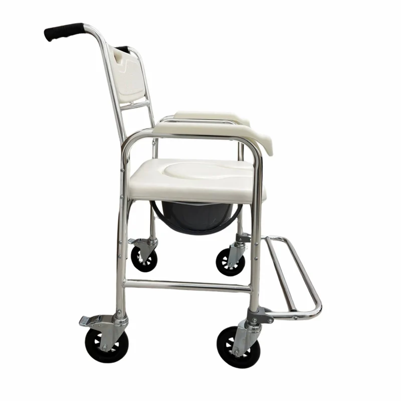 Sedia WC Doccia con Ruote Comoda e Freni - Seduta Anatomica in Alluminio, Imbottita, Pedaliera Pieghevole