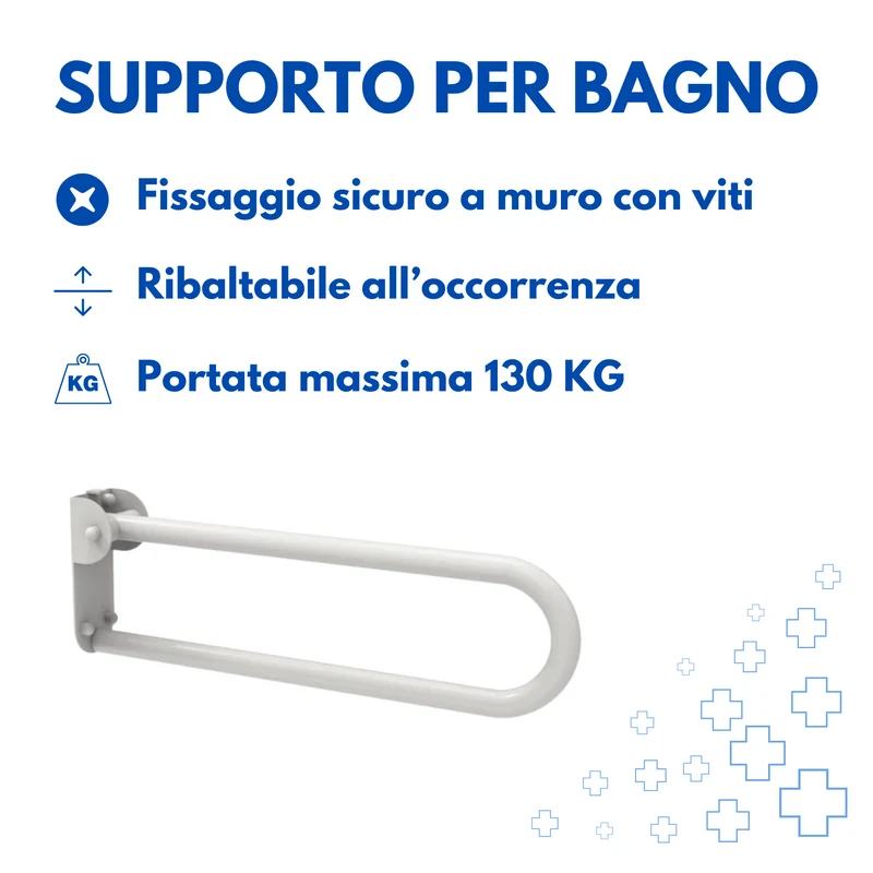 Maniglione Bagno Doccia Pieghevole Ribaltabile 53cm, Acciaio Inossidabile, Supporto di Sicurezza, Piastra a Muro con Fori, Anziani e Disabili