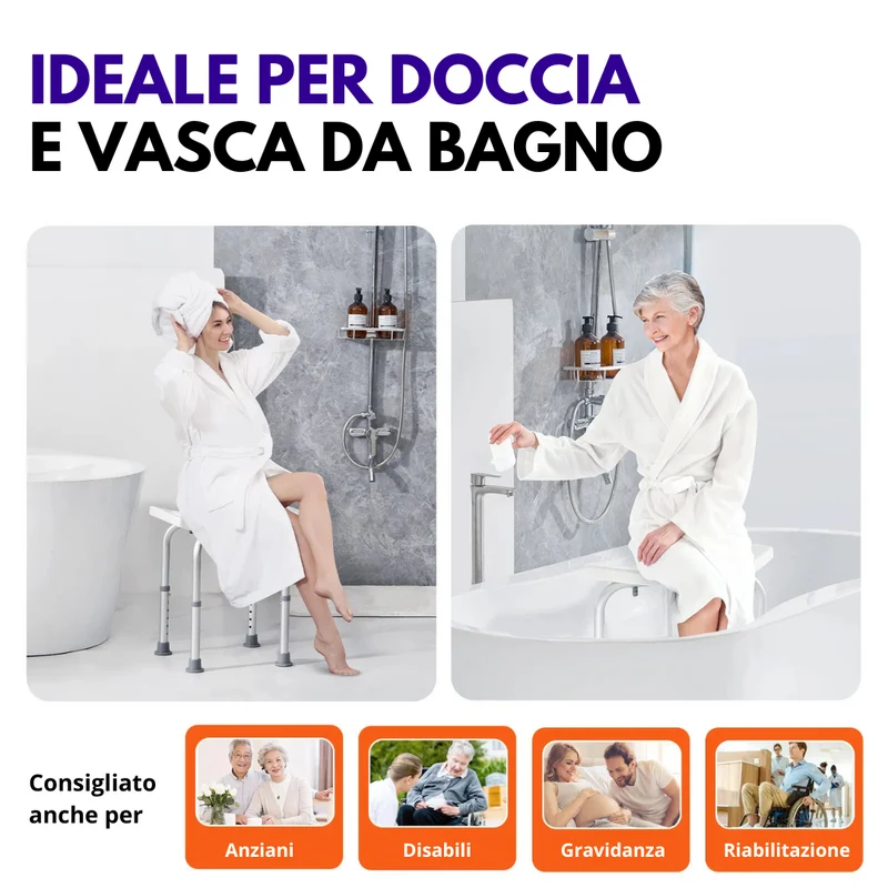 Sgabello Doccia Sedile da Bagno, Altezza regolabile, Alluminio Antiruggine, Piedini Antiscivolo in Gomma, per Anziani e Disabili o Riabilitazione