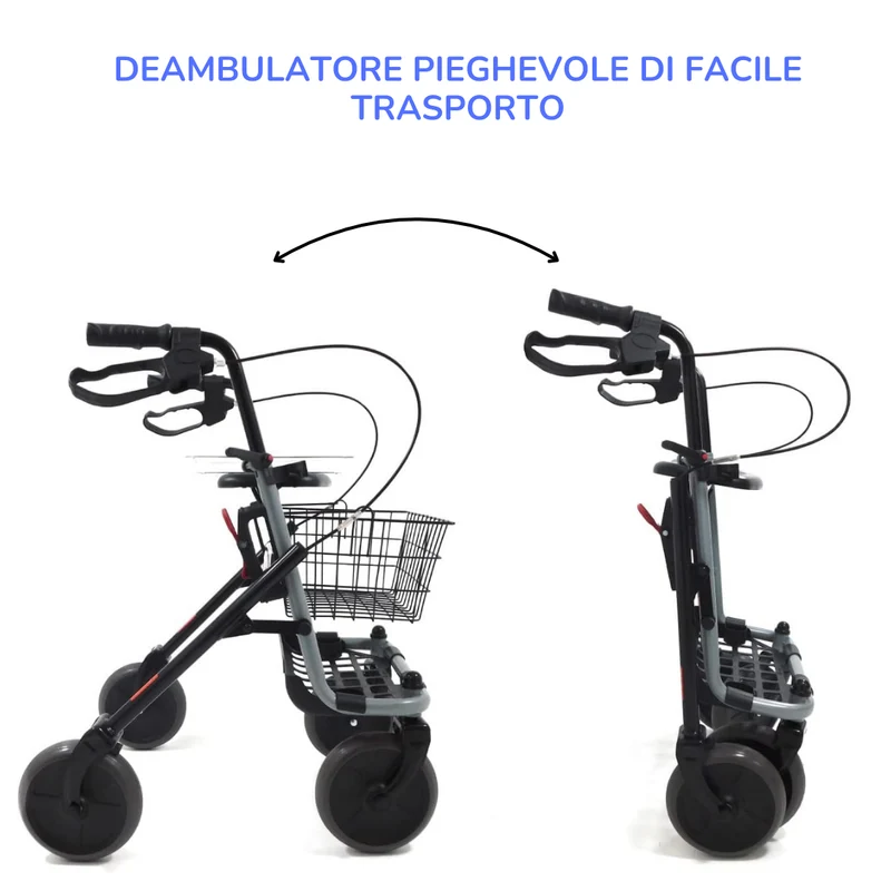 Deambulatore Girello per Anziani e Disabili Pieghevole e Regolabile con 4 Ruote, Rollator con Freni di Stazionamento, Seduta e Cestino per esterni e interni