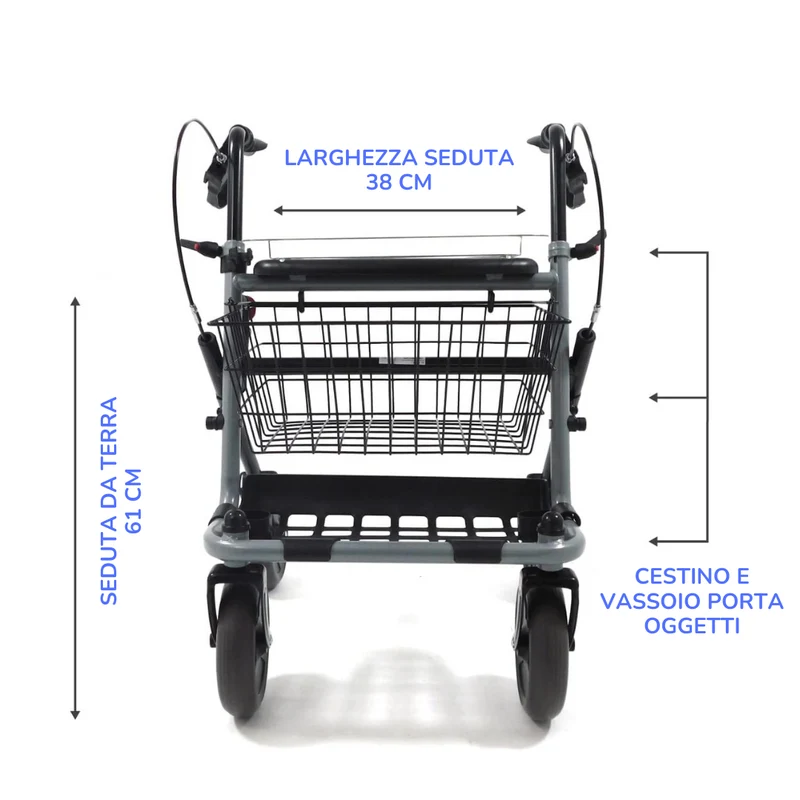 Deambulatore Girello per Anziani e Disabili Pieghevole e Regolabile con 4 Ruote, Rollator con Freni di Stazionamento, Seduta e Cestino per esterni e interni