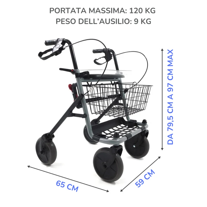 Deambulatore Girello per Anziani e Disabili Pieghevole e Regolabile con 4 Ruote, Rollator con Freni di Stazionamento, Seduta e Cestino per esterni e interni