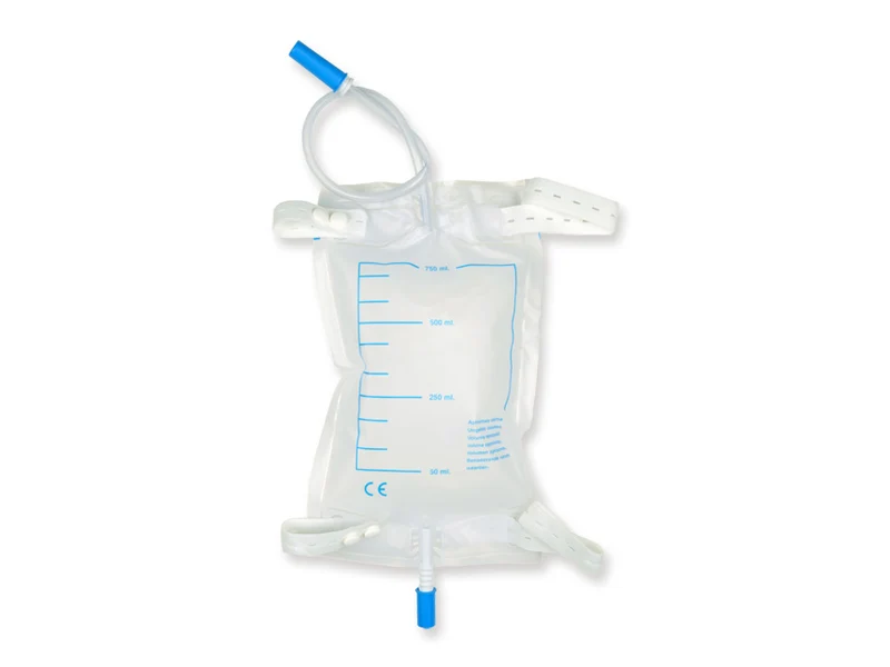 Sacca urina da gamba 750 cc - tubo 10 cm con kit bottoni - Confezione da 30 pezzi