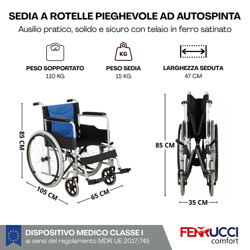 Sedia a Rotelle Pieghevole Ortopedica in Acciaio ad Autospinta - Leggera e Comoda