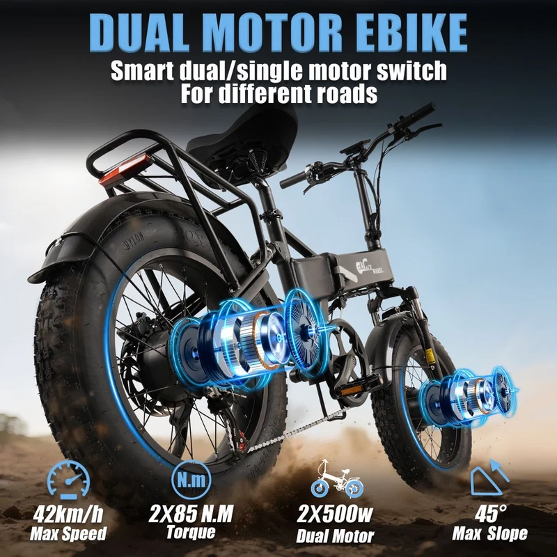 CMACEWHEEL RX20MAX Nuova E-bike 750W*2 Potente bicicletta elettrica a doppio motore 48V 18AH 20 pollici*4.0 Fat Tyre Ebike pieghevole